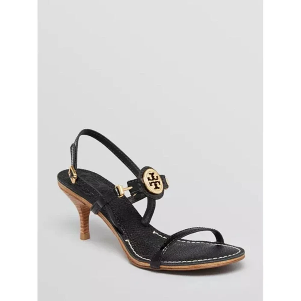 Tory Burch Mira sandals black tumbled leather signature Gold Logo Medallion 9.5